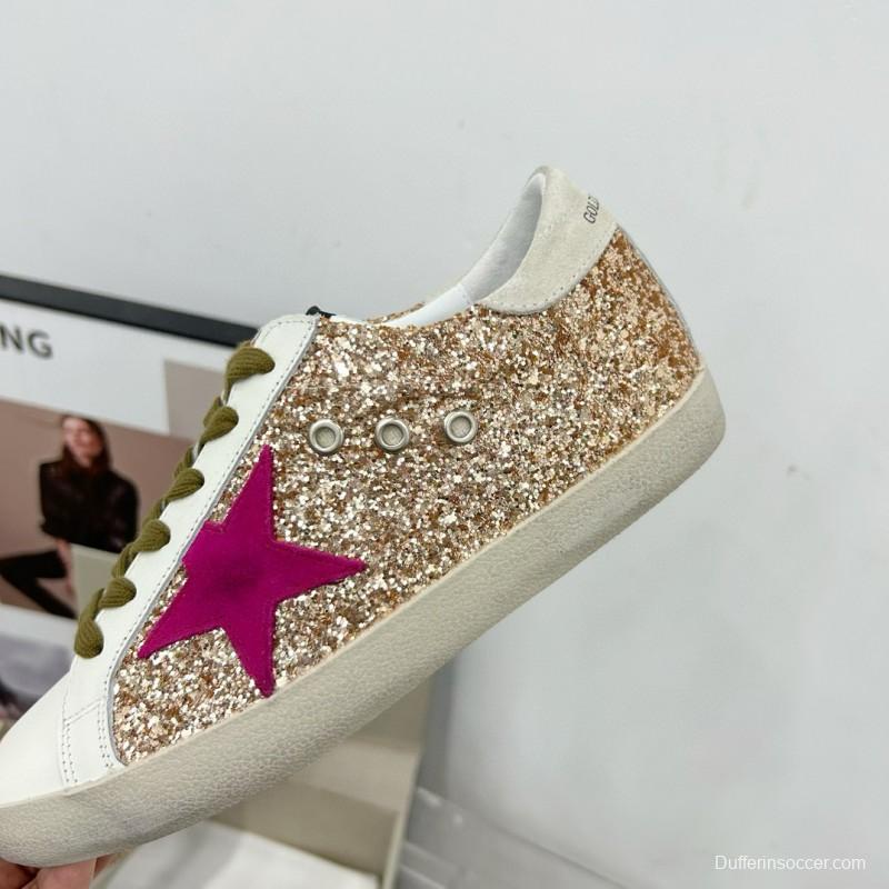 2025 Women GGDB White Gold Pink Glitter Leather Sneakers