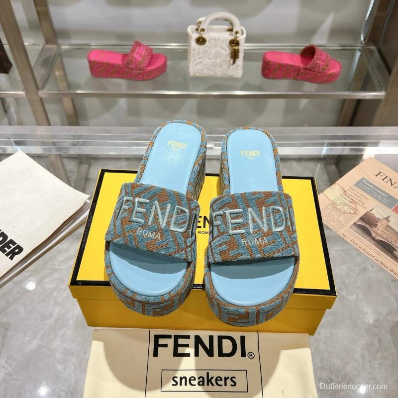 2025 Women Fendi Blue Brown Canvas Slippers
