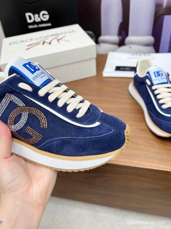 2025 Men Dolce & Gabbana Blue Suede Leather Sneakers LY00300