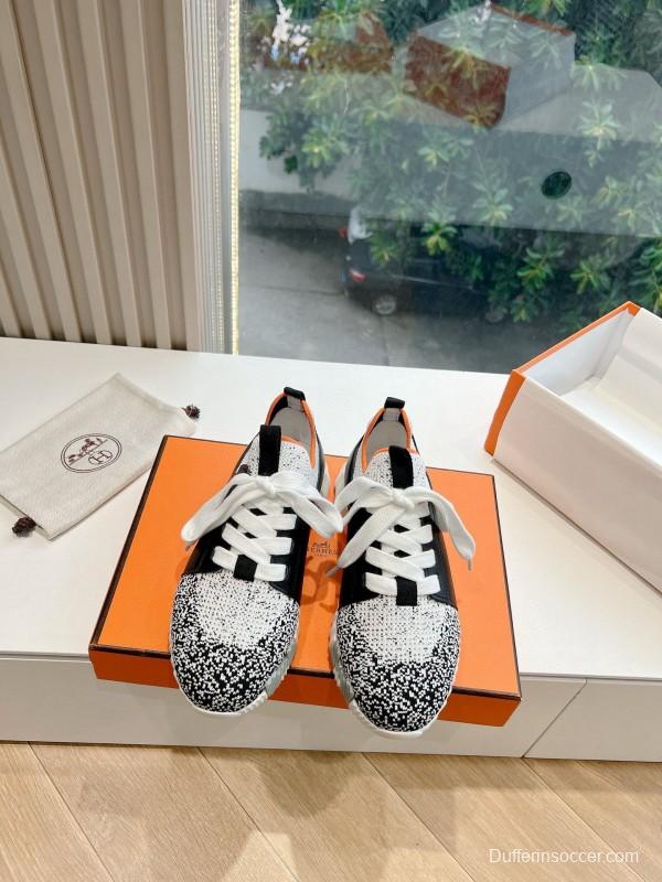 2024 Unisex Hermès Black White Orange Calfskin Suede Sneakers Bouncing MJ00290(F/W)