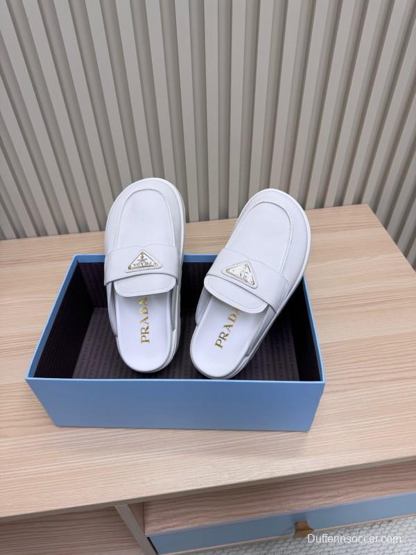 2025 Women Prada White Leather Slippers KFY00280