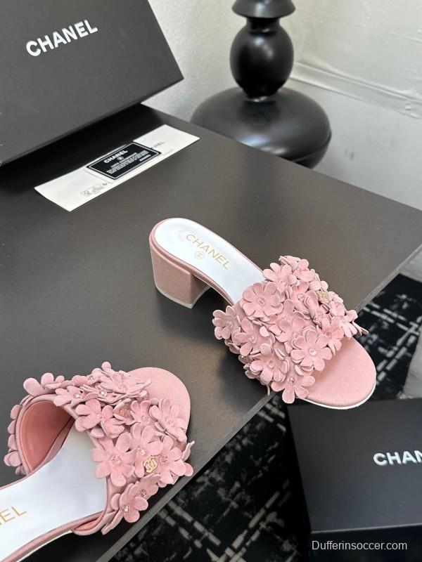 2025/Women Chanel Pink Suede Floral Embellished Block Heel Sandals LY00360(F)
