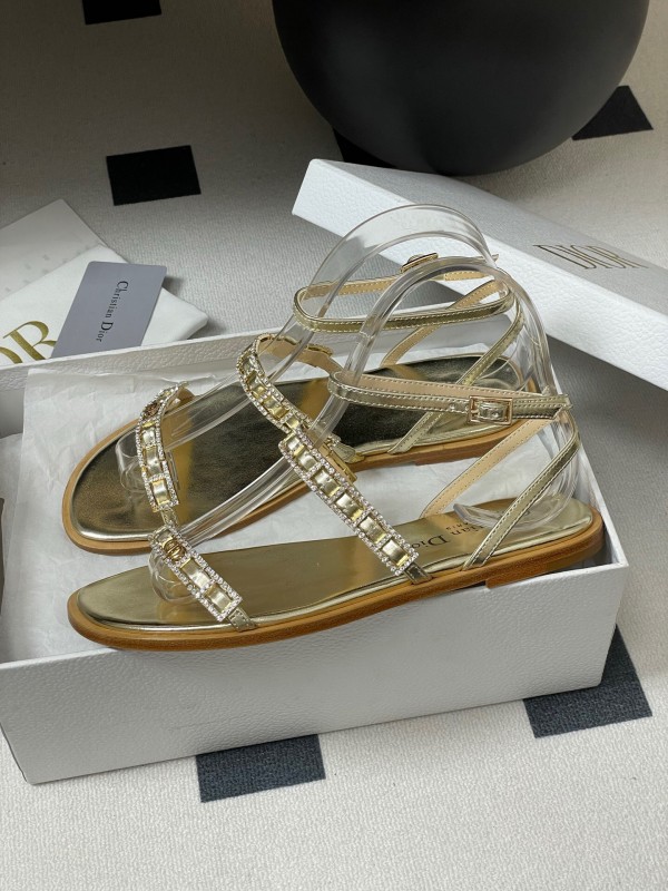 2025 Women Dior Gold Leather Sandals Crystal Embellishment