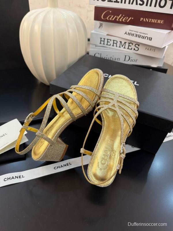 2025 Women Chanel Gold Fabric Sandals KFY00289
