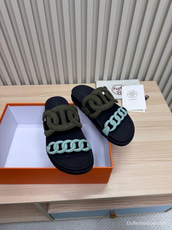 2025 Women Hermès Black Light Blue Leather Slippers