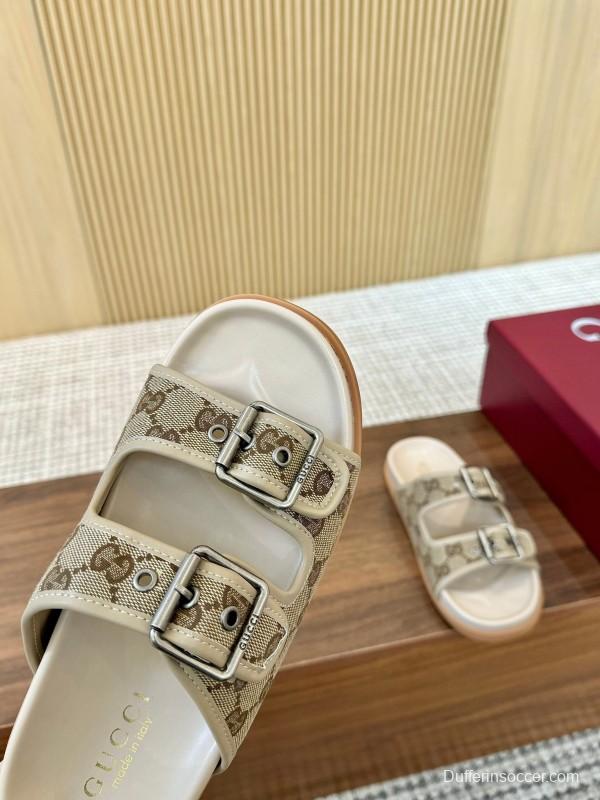 2025 Women Gucci Beige Canvas Leather Slippers LY00360