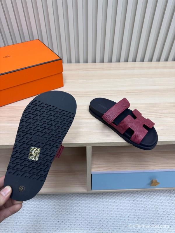 2025 Slippers Hermès Burgundy Black Leather Slide KFY00260