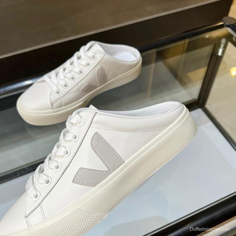 2025 Women VEJA White Canvas Leather Mule Sneakers MJ00240