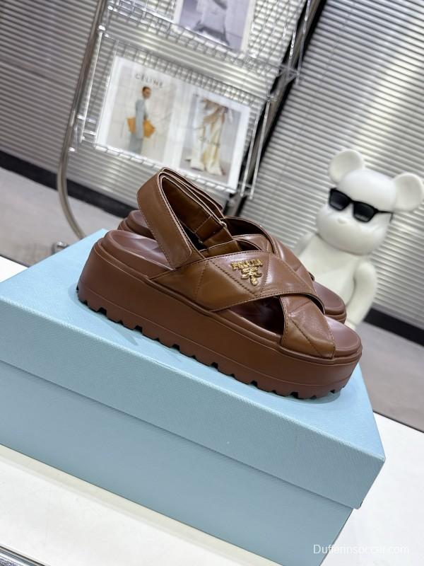 2025 Women Prada Brown Leather Sandal