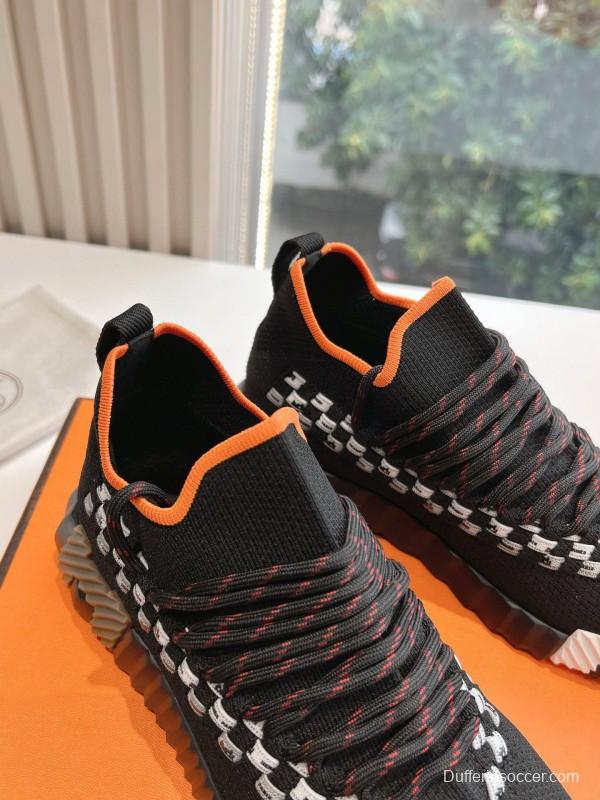 2024 Unisex Hermès Black Orange Calf Suede Knit Sneakers MJ00290(W/M)