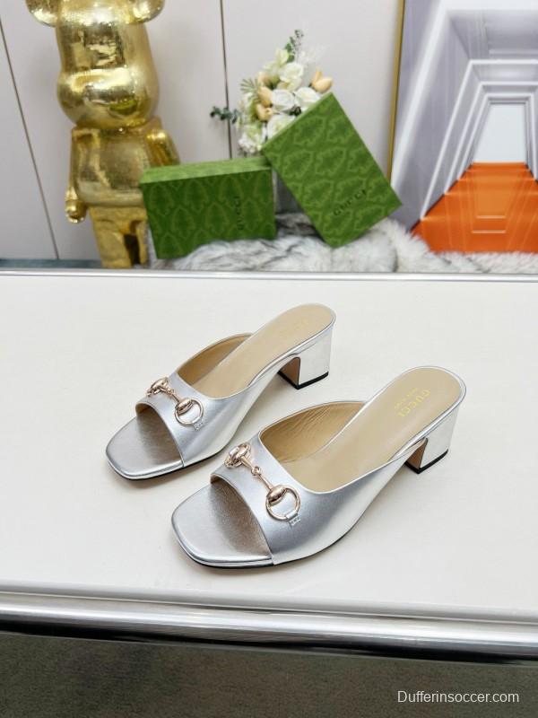 2025 Women Gucci Silver Leather Mules Horsebit MJ00180