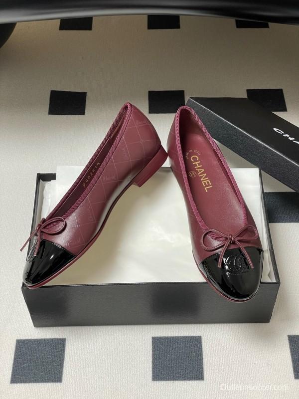 2025 Women Chanel Purple Black Leather Ballet Flats KFY00320