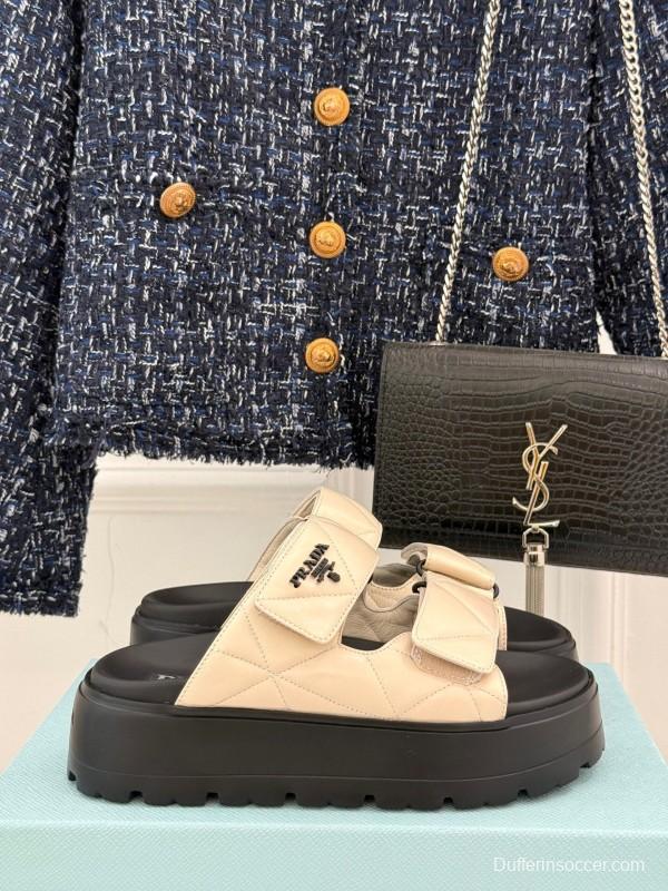 2025 Slippers Prada Beige Leather Magic Tape Platform Thick Sole