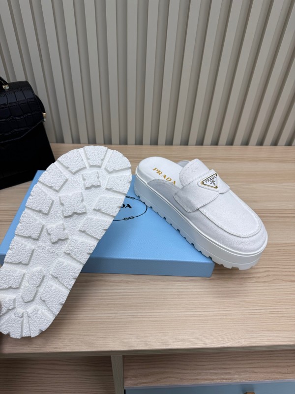 2025 Women Prada White Canvas Platform Loafers