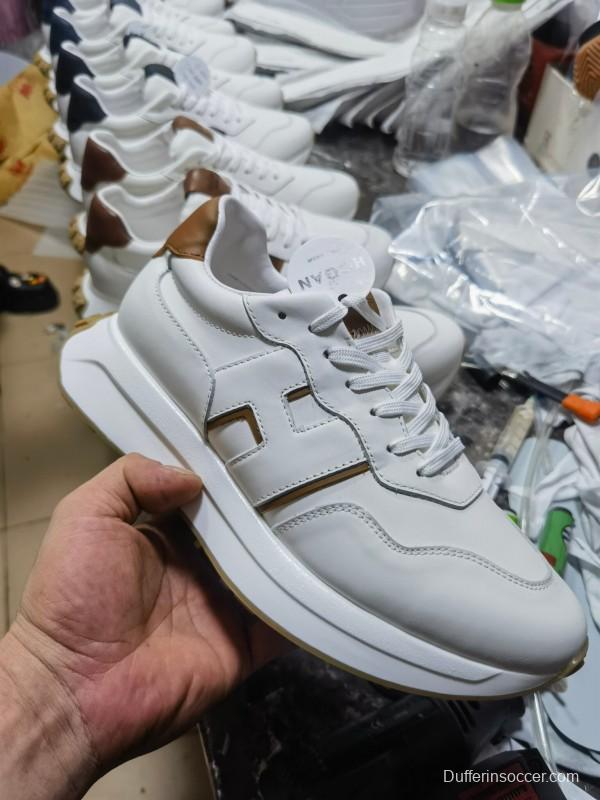 2025 Unisex HOGAN White Blue Brown Leather Sneakers H-STRIPES LY00360(F)/LY00370(M)