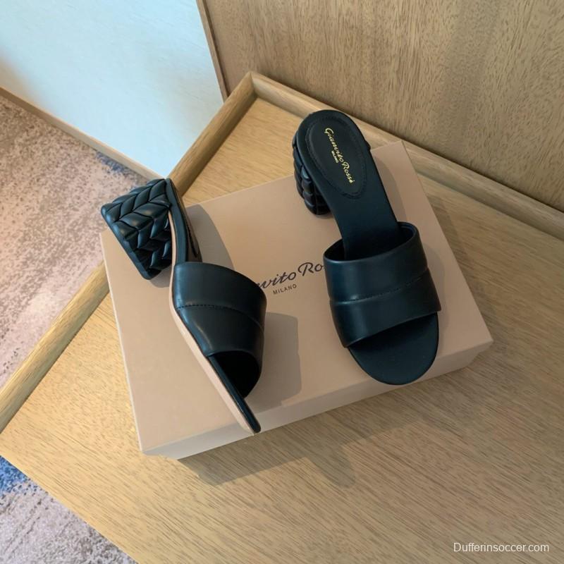 2025 Women Gianvito Rossi Black Leather Slippers KFY00260
