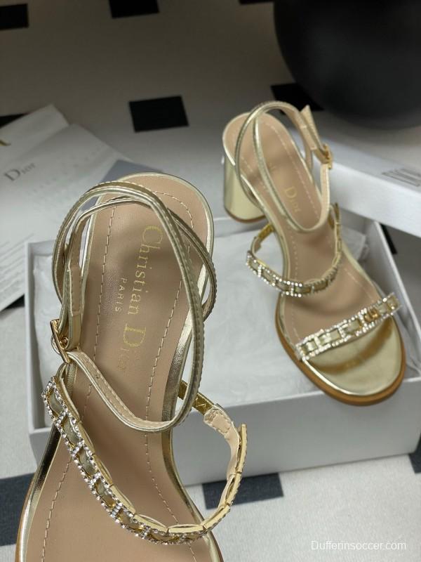 2025 Women Dior Gold Leather Crystal Block Heel Sandals