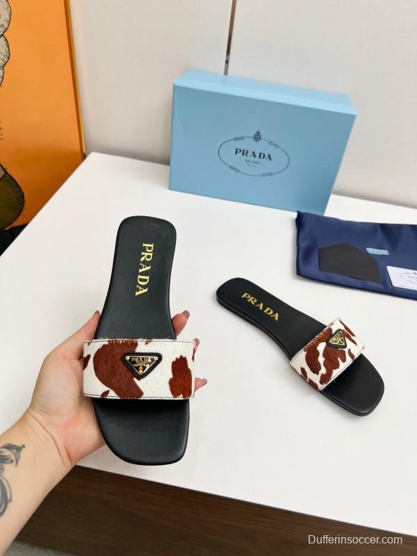 2025 Women Prada Brown White Calf Hair Leather Slippers LY00220