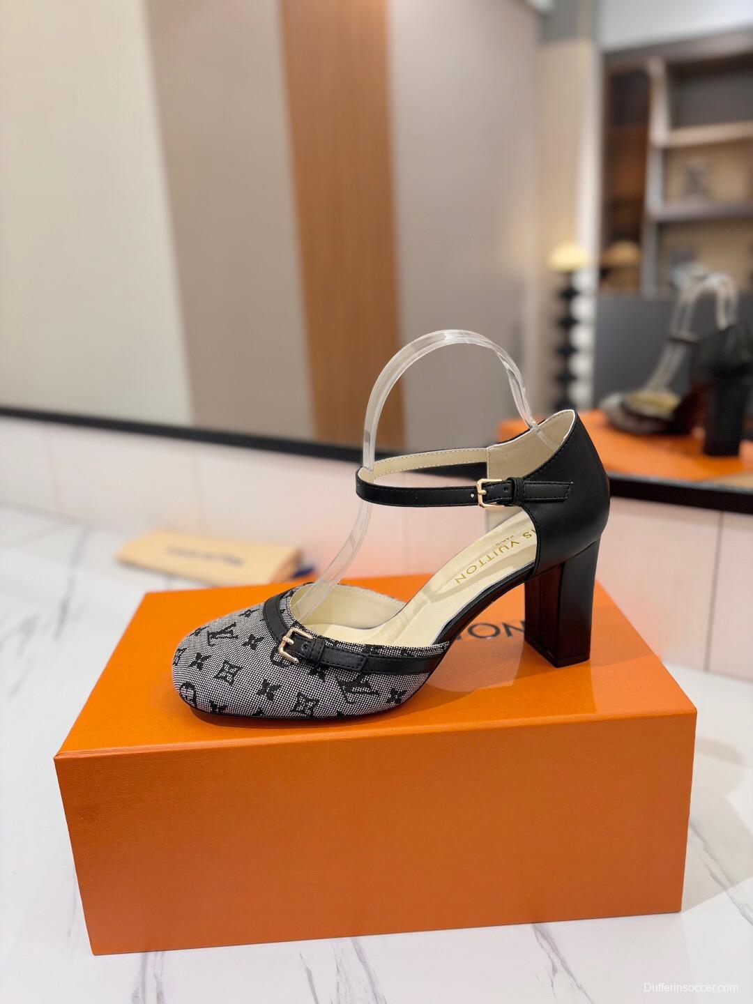 2025 Women Louis Vuitton Grey Black Denim Leather Heeled Sandals KFY00310