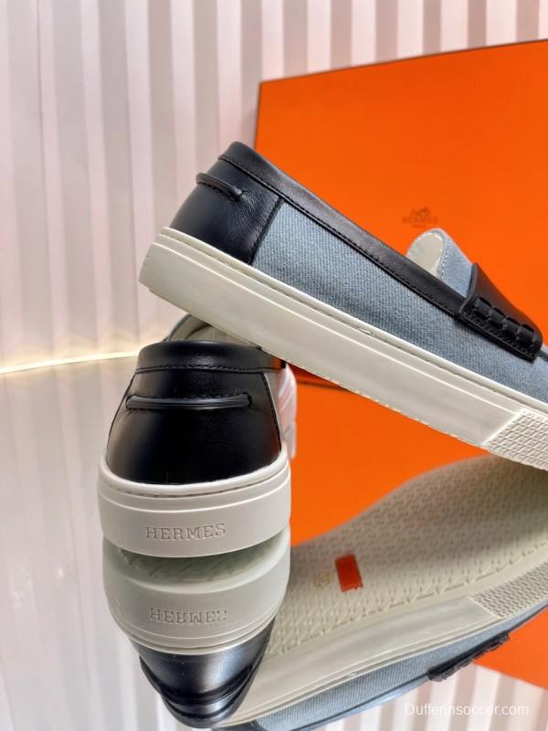 2025 Women Hermès Blue Black Leather Denim Loafers LY00310