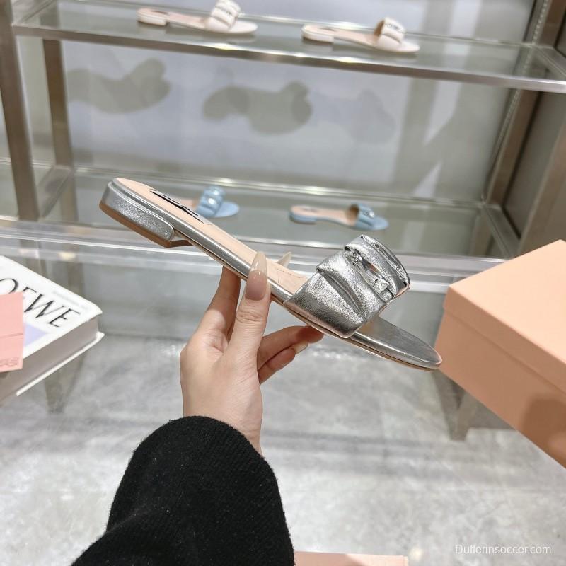 2025 Women Miumiu Silver Metallic Leather Slippers