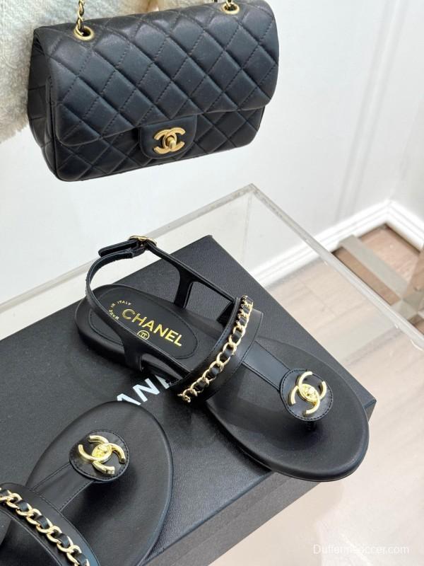 2025 Women Chanel Black Leather Sandals KFY00250