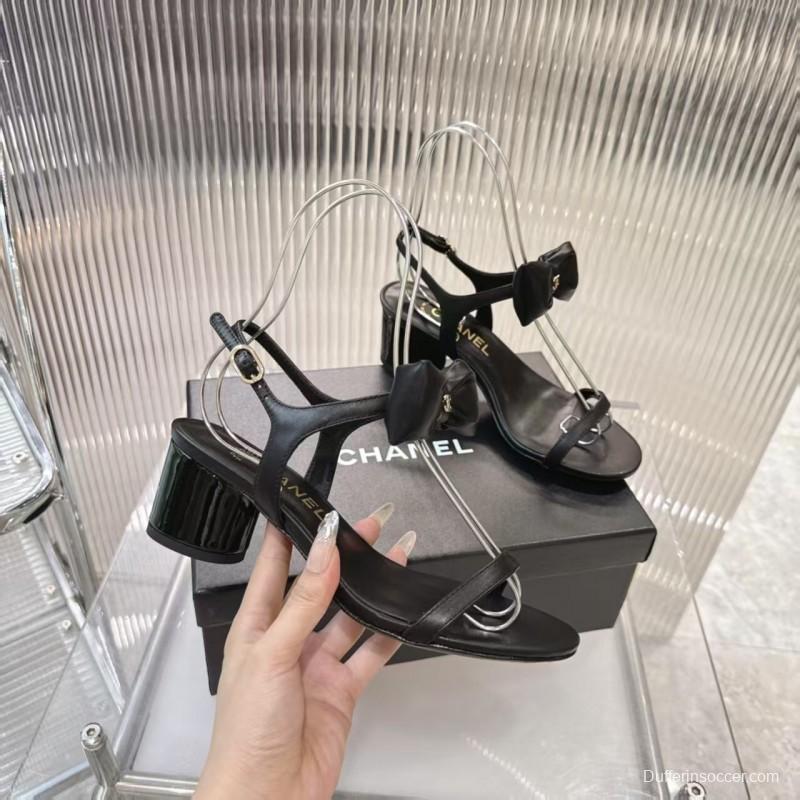 2025 Women Chanel Black Lambskin Bowknot Sandals LY00260