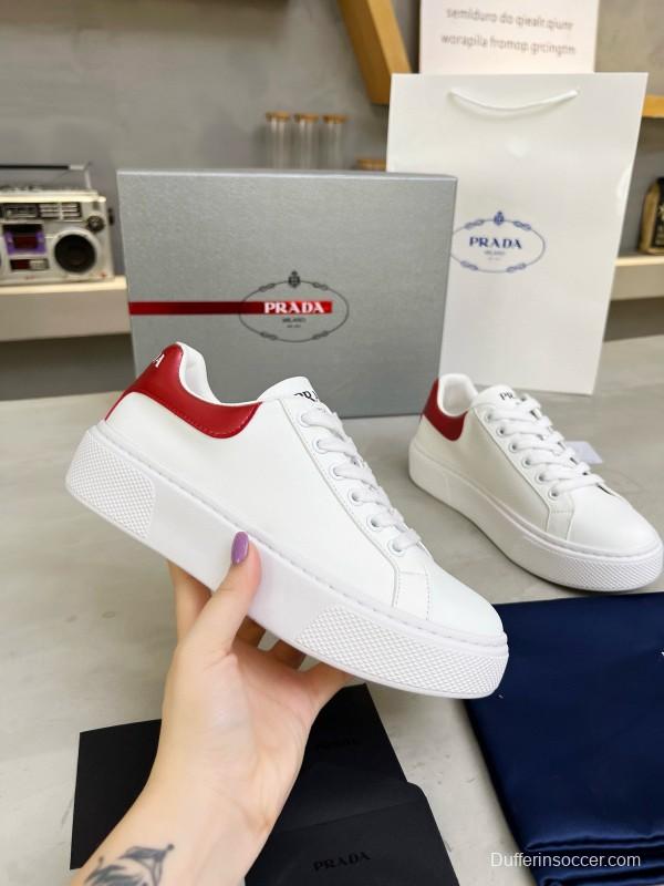 2024 Unisex Prada White Red Calfskin Silk Thick Sole Sneakers MJ00310