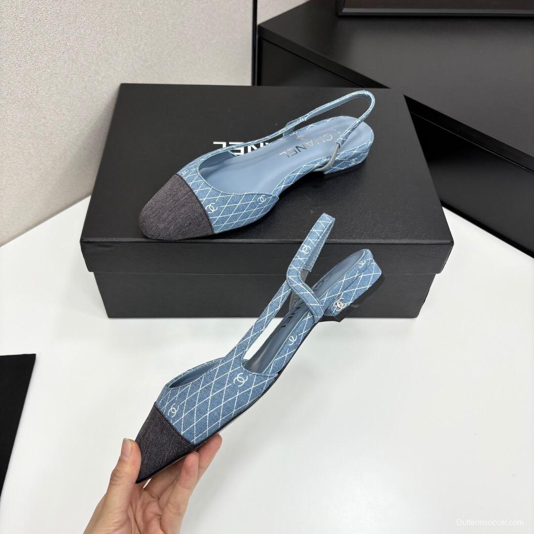 2025 Women Chanel Blue Black Denim Leather Slingback LY00240