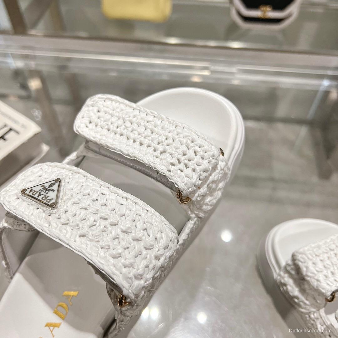 2025 Women Prada White Knit Leather Slippers