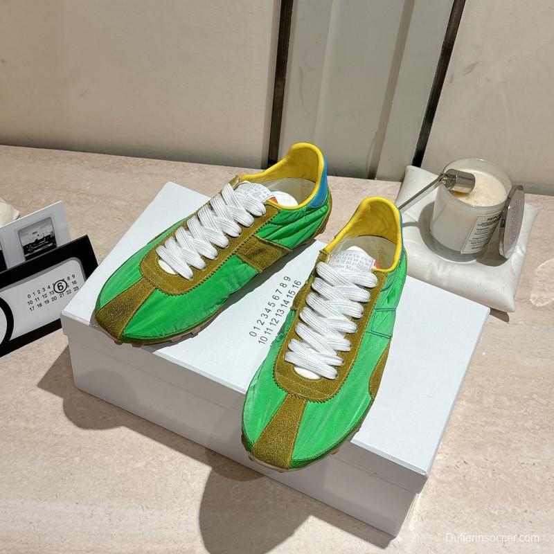 2025 Unisex Maison Margiela Green Yellow Leather Nylon Suede Sneakers Distressed