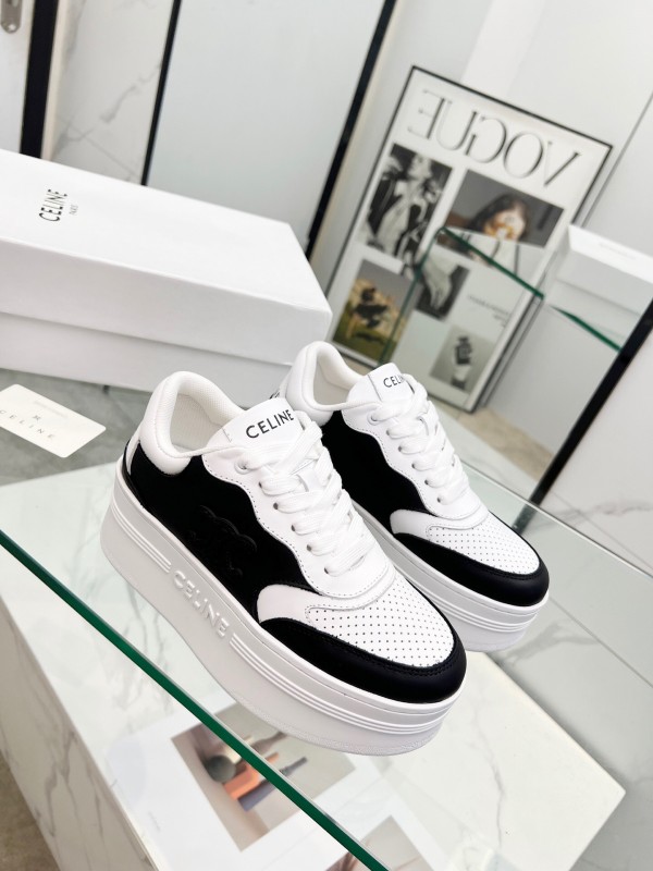 2025 Women CELINE Black White Leather Sneakers KFY00270