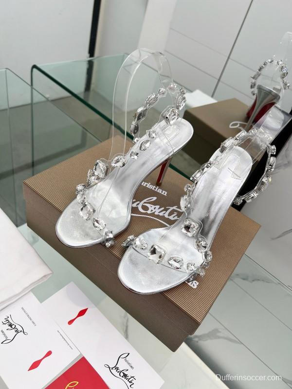 2025 Women Christian Louboutin Silver PVC Crystal High Heel Sandals LY00300