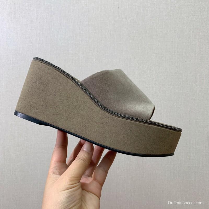 2025 Women BRUNELLO CUCINELLI Beige Suede Platform Slide Sandals Casual Handmade KFY00275 (F)