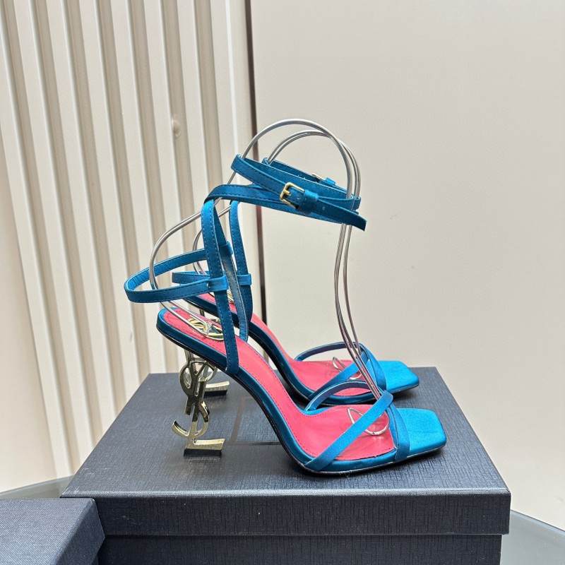 2025 Women Yves Saint Laurent Blue Satin Heeled Sandals MJ00290