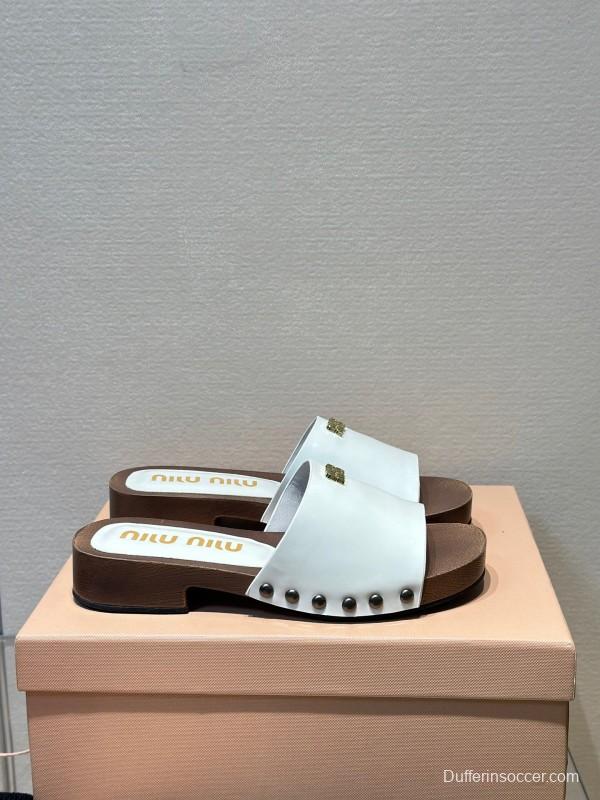 2025 Women Miumiu White Leather Slippers