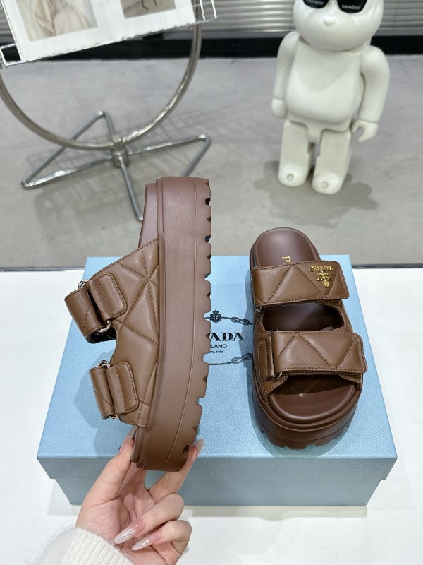 2025 Women Prada Brown Leather Sandals