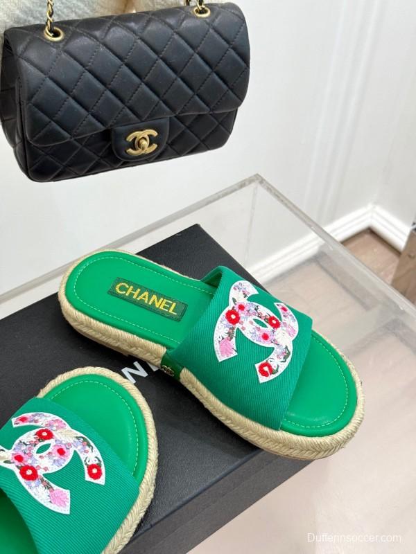 2025 Women Chanel Green Canvas Leather Slippers Embroidered KFY00230