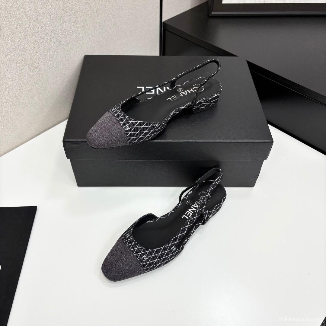 2025 Women Chanel Black White Fabric Leather Slingback LY00240