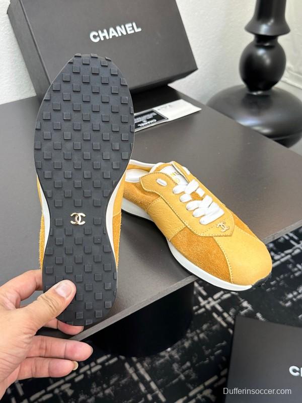 2025 Women Chanel Yellow Suede Casual Sneakers Handmade CC Logo LY00360(F)