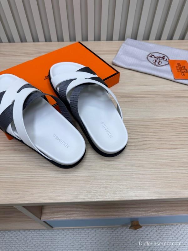 2025 Men Hermès White Black Leather Slippers