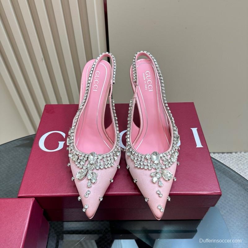 2025 Women Gucci Pink Silk Slingback High Heel Crystal MJ00340