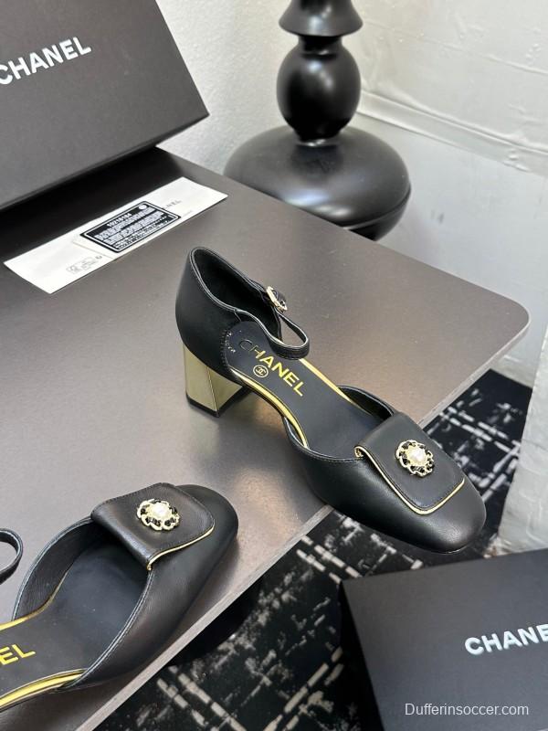 2025 Women CHANEL Black Leather Block Heel Metal Accent LY00360