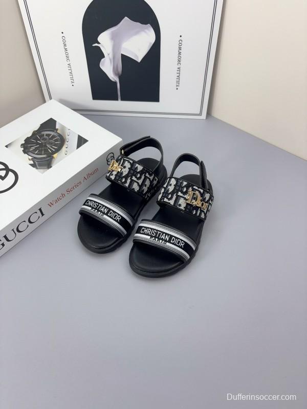 2025 Kids Dior Gray Black Canvas Leather Sandals