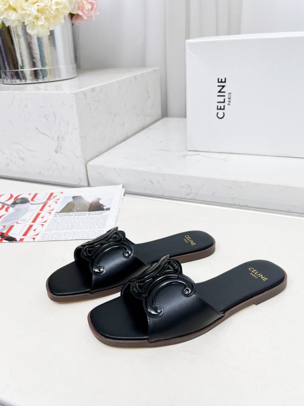 2025 Women Celine Black Leather Slippers LY00190