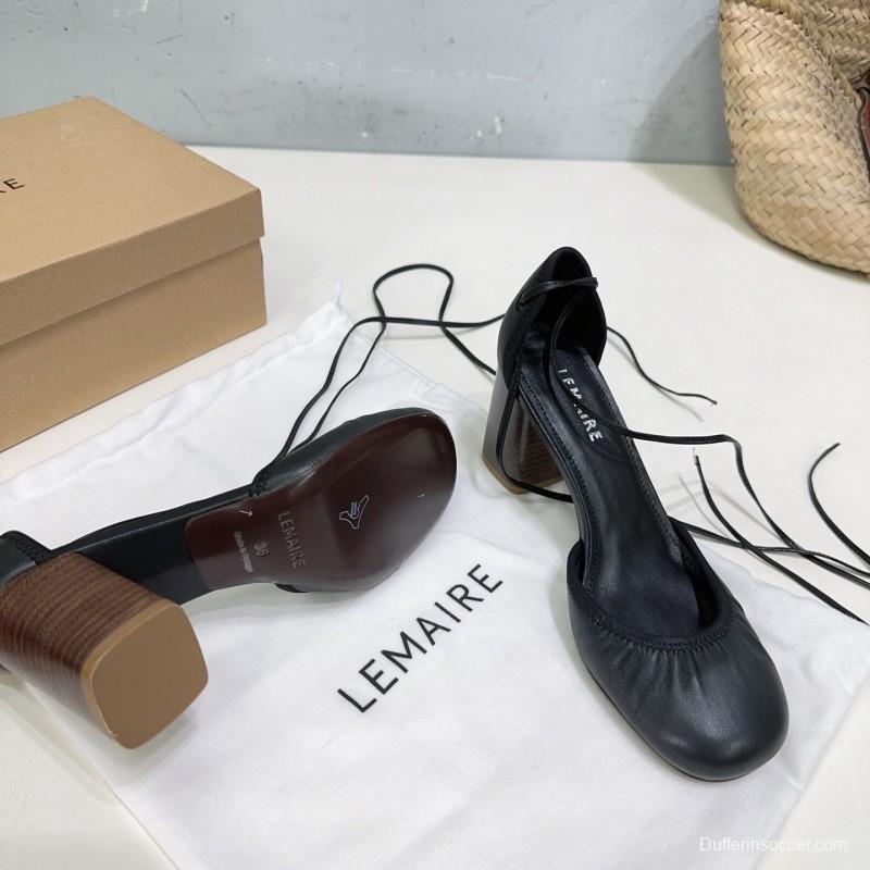 2025 Women LEMAIRE Black Leather Mary Jane Block Heel KFY00300