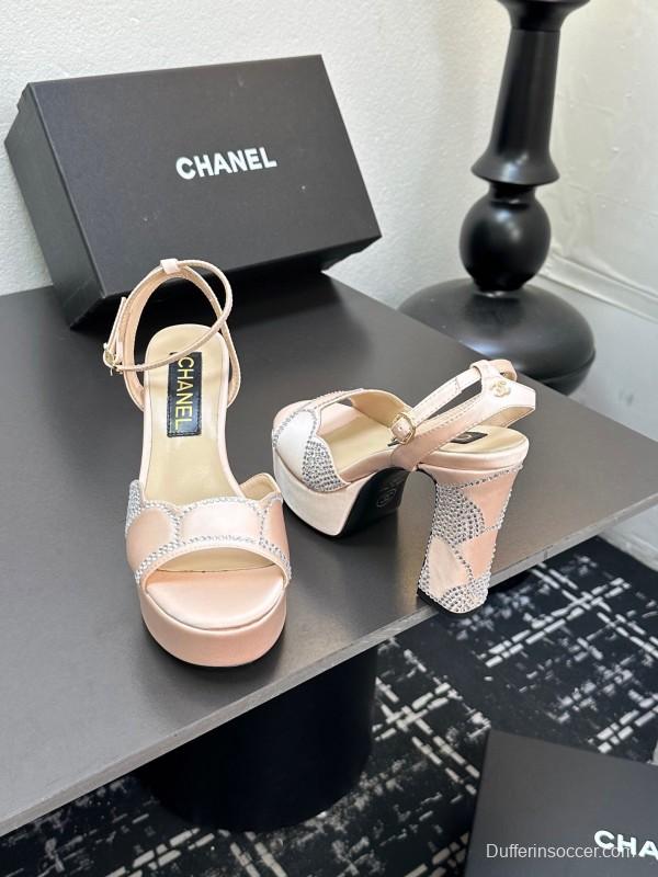 2025 Women Chanel Pink Satin Rhinestone Platform Sandals KFY00320