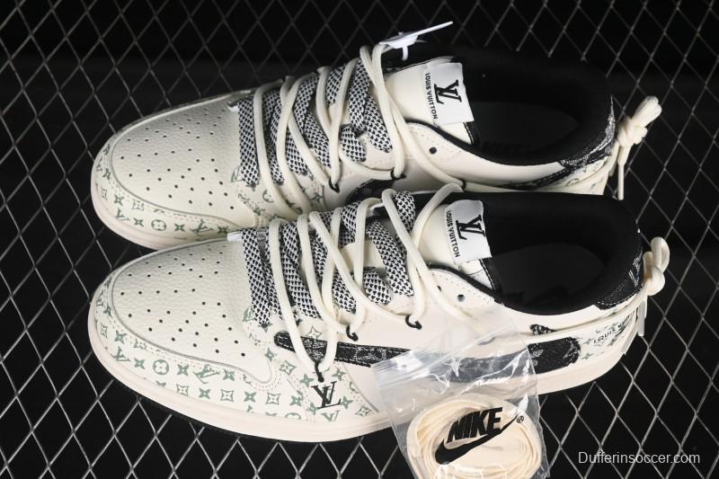 Nike Travis Scott x Fragment Design x Air Jordan 1 Low OG SP Black Print Drawstring Low-Top Casual Sneakers - YX5066-325