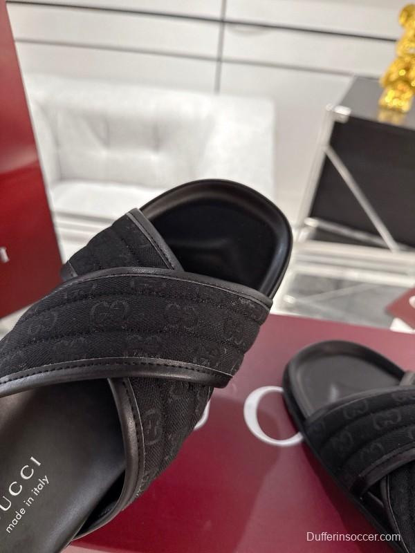 2025 Unisex Gucci Black Fabric Leather Slippers GG Embossed AS00240