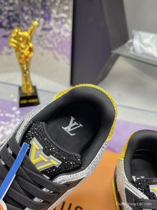 2025 Unisex Louis Vuitton Black Grey Yellow Leather Fabric Plimsolls Handcrafted Rhinestone AS00400